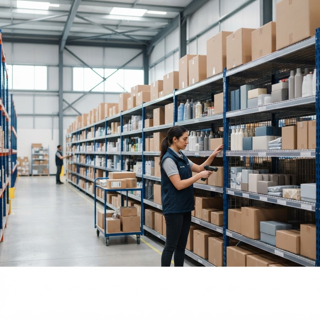 Modern e-commerce fulfillment warehouse with organized shelves of consumer products